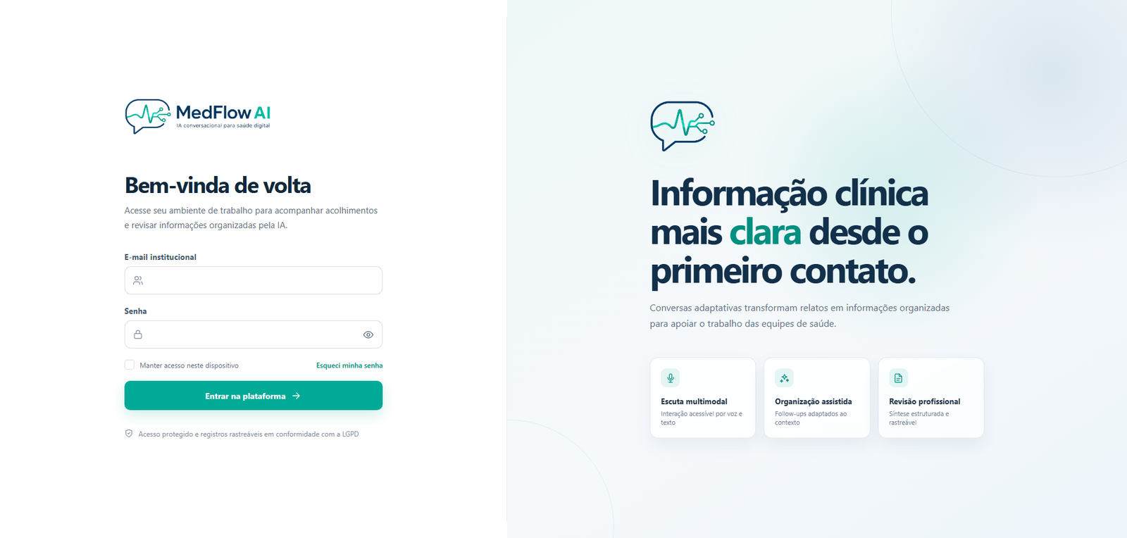 Tela de entrada do MedFlow AI
